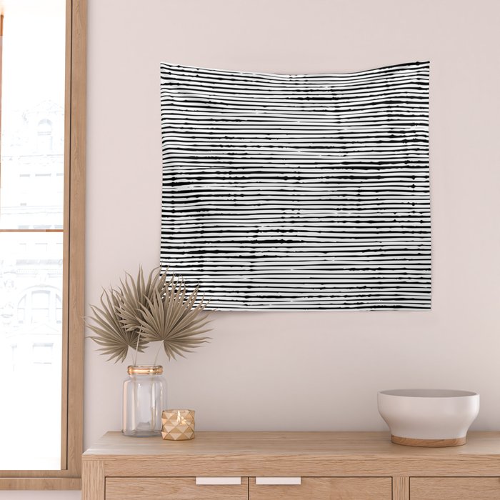 Rustic, Abstract Stripes Pattern, Black and White Wall Tapestry Gallery Image 2