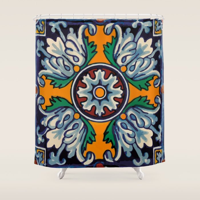 Mandala mexican talavera tile ceramic mosaic Shower Curtain Gallery Image 1