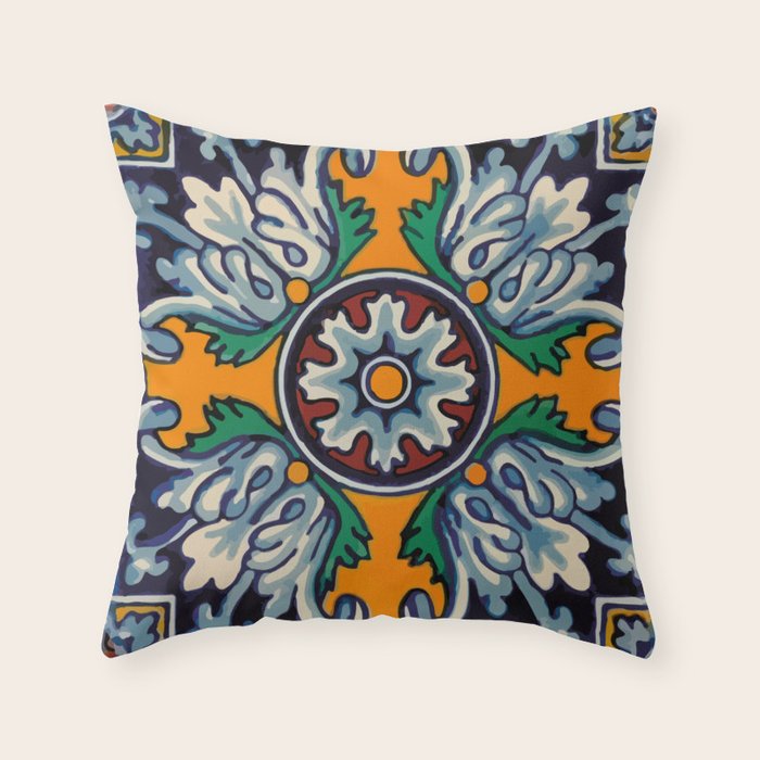 Mandala mexican talavera tile ceramic mosaic Throw Pillow Gallery Image 1