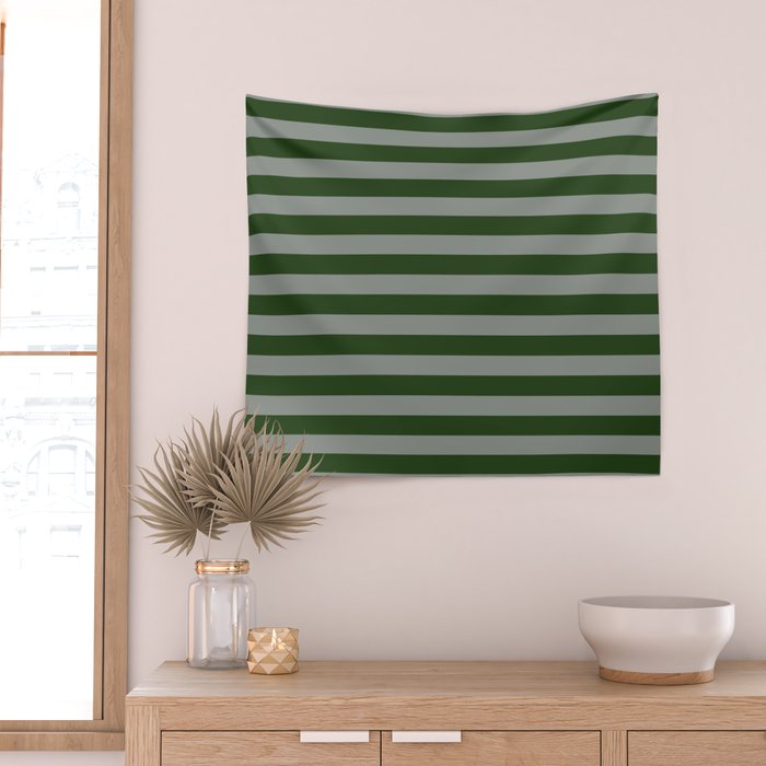 Dark Forest Green Summer Cabana Beach Picnic Stripes Wall Tapestry Gallery Image 2