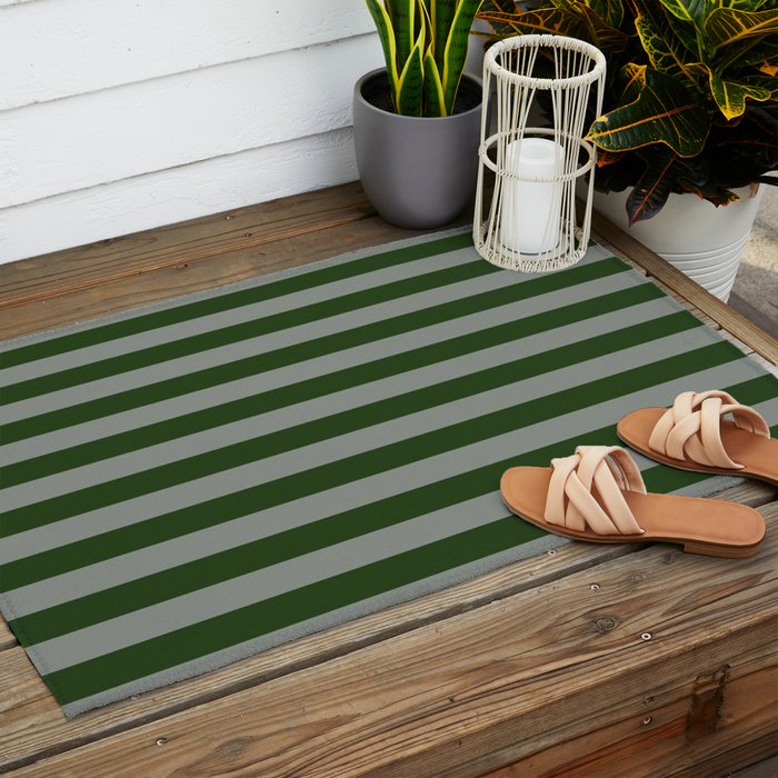 Dark Forest Green Summer Cabana Beach Picnic Stripes Outdoor Rug Gallery Image 2