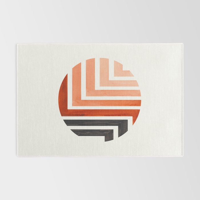 Burnt Sienna Circle Round Framed Mid Century Modern Aztec Geometric Pattern Maze Rug Gallery Image 2