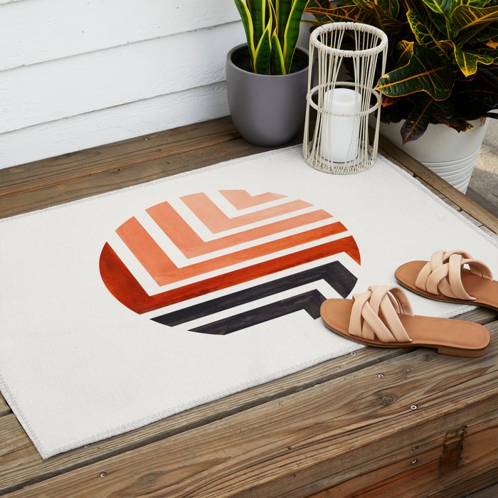 Burnt Sienna Circle Round Framed Mid Century Modern Aztec Geometric Pattern Maze Outdoor Rug Gallery Image 2