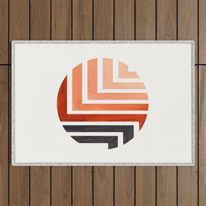 Burnt Sienna Circle Round Framed Mid Century Modern Aztec Geometric Pattern Maze Outdoor Rug Gallery Image 1