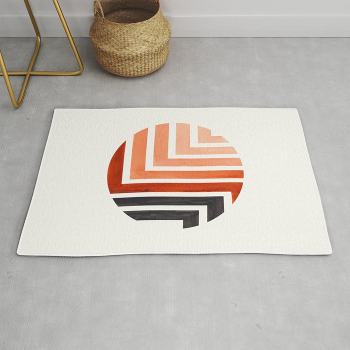 Burnt Sienna Circle Round Framed Mid Century Modern Aztec Geometric Pattern Maze Rug Gallery Image 1