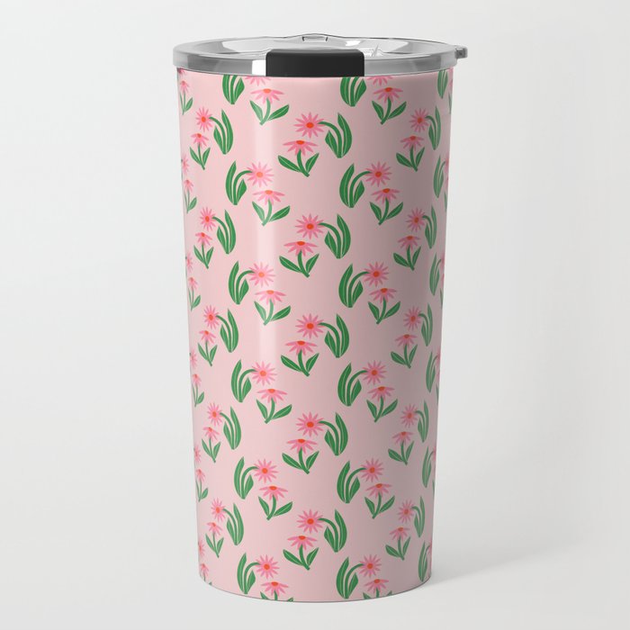 Pink Daisy Pattern - Pink Travel Mug Gallery Image 1