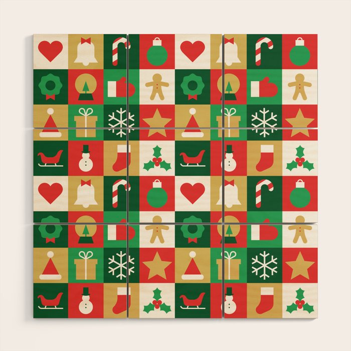 Christmas geometric patchwork mosaic pattern Wood Wall Art Gallery Image 1