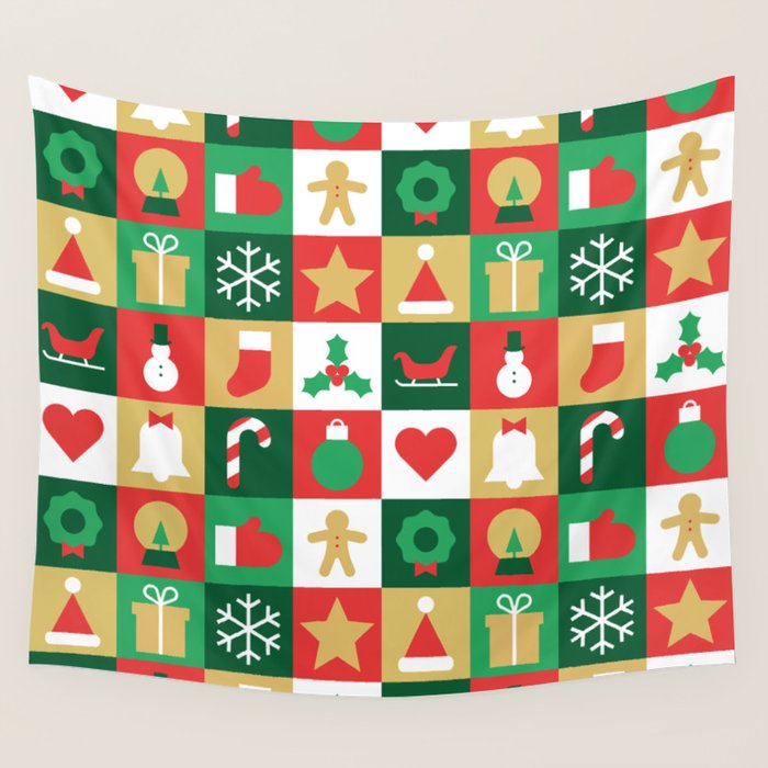 Christmas geometric patchwork mosaic pattern Wall Tapestry Gallery Image 1