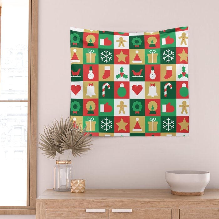 Christmas geometric patchwork mosaic pattern Wall Tapestry Gallery Image 2
