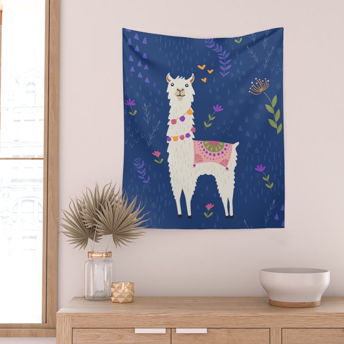 Llama on Blue Wall Tapestry Gallery Image 2
