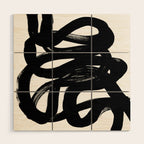 Swirl Black & White Minimalist Abstract Mid century Ink Art Dark Brush Strokes Wood Wall Art Gallery Image 1