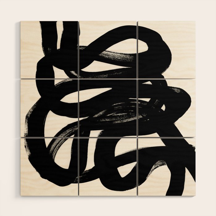 Swirl Black & White Minimalist Abstract Mid century Ink Art Dark Brush Strokes Wood Wall Art Gallery Image 1