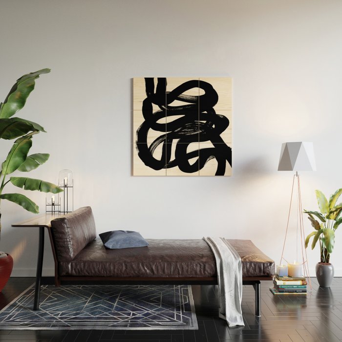 Swirl Black & White Minimalist Abstract Mid century Ink Art Dark Brush Strokes Wood Wall Art Gallery Image 2