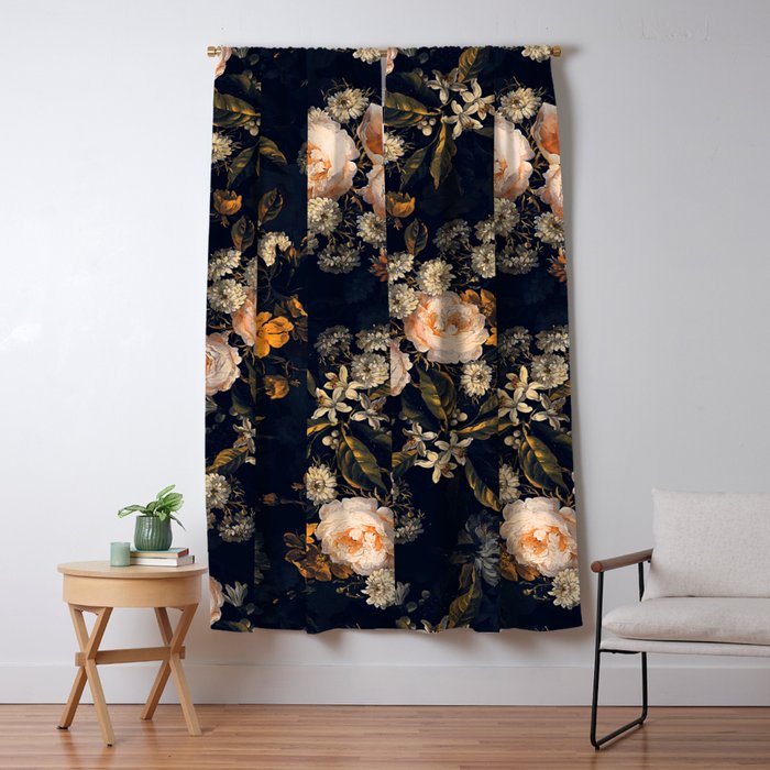 Antique Botanical Peach Roses And Chamomile Midnight Garden Window Curtain Gallery Image 1