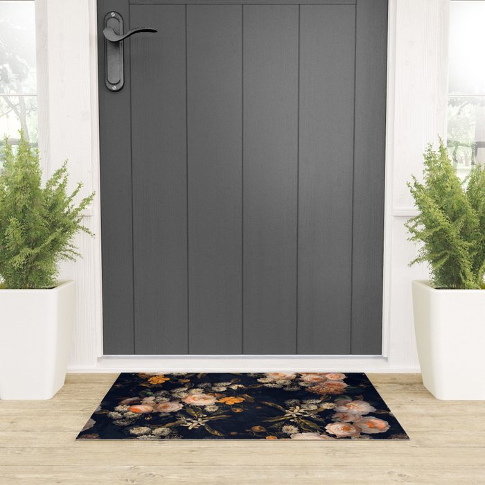 Antique Botanical Peach Roses And Chamomile Midnight Garden Welcome Mat Gallery Image 3