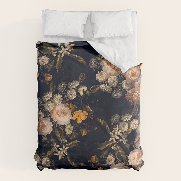 Antique Botanical Peach Roses And Chamomile Midnight Garden Duvet Cover Gallery Image 6