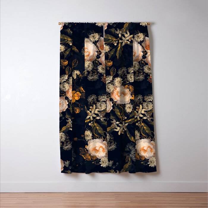 Antique Botanical Peach Roses And Chamomile Midnight Garden Window Curtain Gallery Image 3