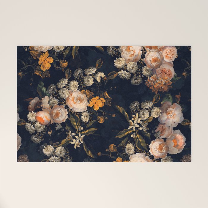 Antique Botanical Peach Roses And Chamomile Midnight Garden Welcome Mat Gallery Image 1