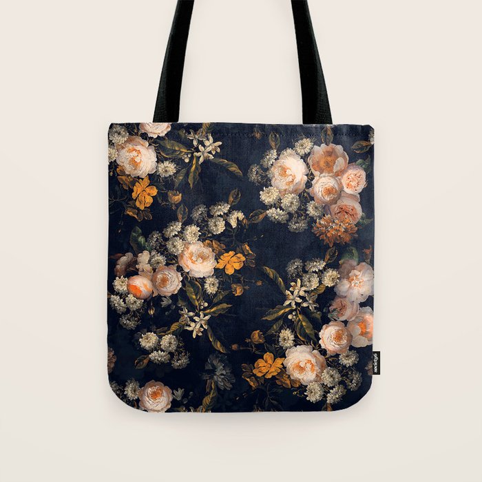 Antique Botanical Peach Roses And Chamomile Midnight Garden Tote Bag Gallery Image 1