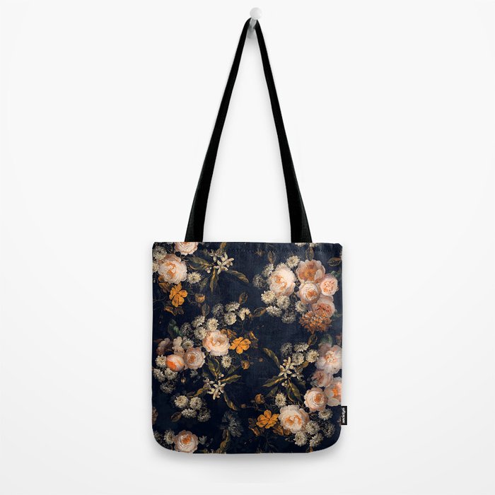 Antique Botanical Peach Roses And Chamomile Midnight Garden Tote Bag Gallery Image 2