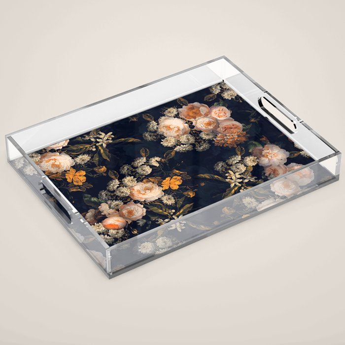 Antique Botanical Peach Roses And Chamomile Midnight Garden Acrylic Tray Gallery Image 1
