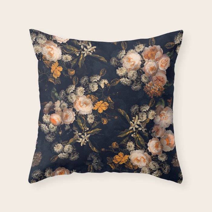 Antique Botanical Peach Roses And Chamomile Midnight Garden Throw Pillow Gallery Image 6