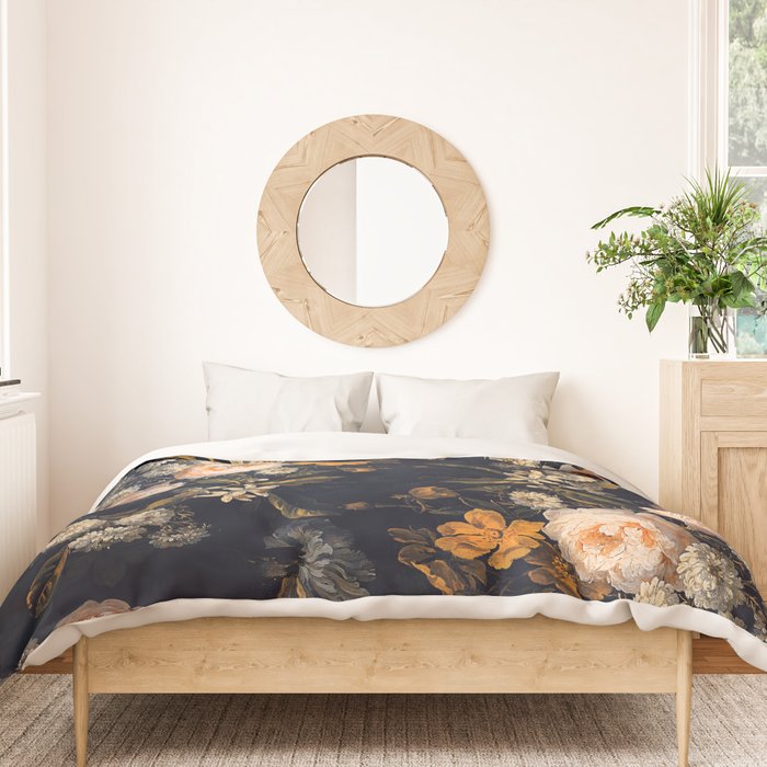 Antique Botanical Peach Roses And Chamomile Midnight Garden Duvet Cover Gallery Image 3