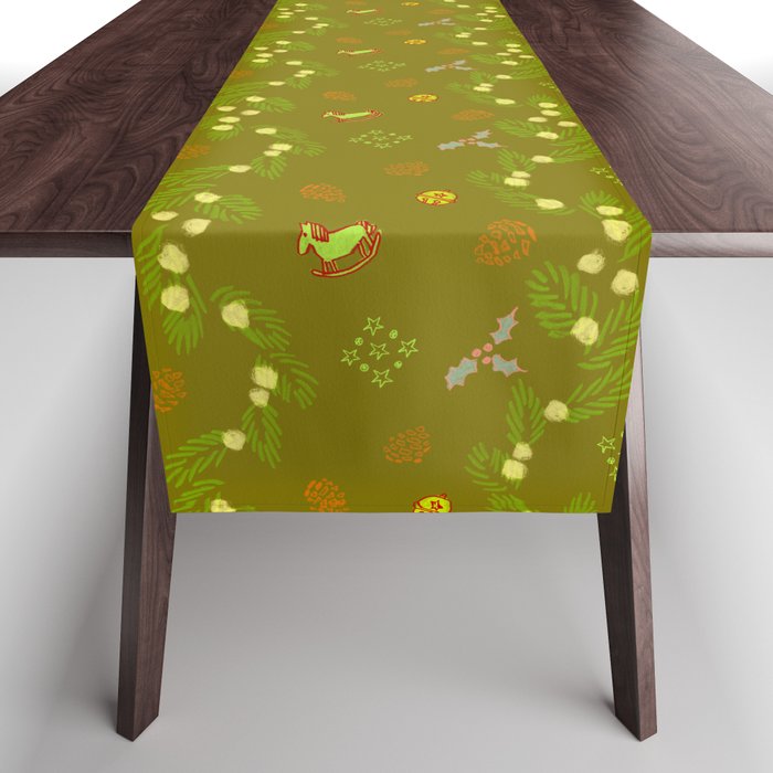 Whimsical Tiny Toys & Pine Branches in Green Table Runner Gallery Image 1