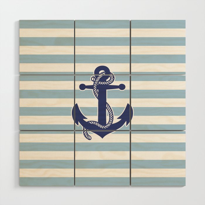 Retro Navy Anchor and Stripes Pattern 226 Blue Wood Wall Art Gallery Image 1