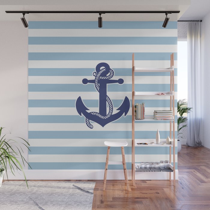 Retro Navy Anchor and Stripes Pattern 226 Blue Wall Mural Gallery Image 1