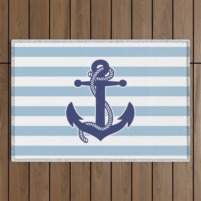Retro Navy Anchor and Stripes Pattern 226 Blue Outdoor Rug Gallery Image 1