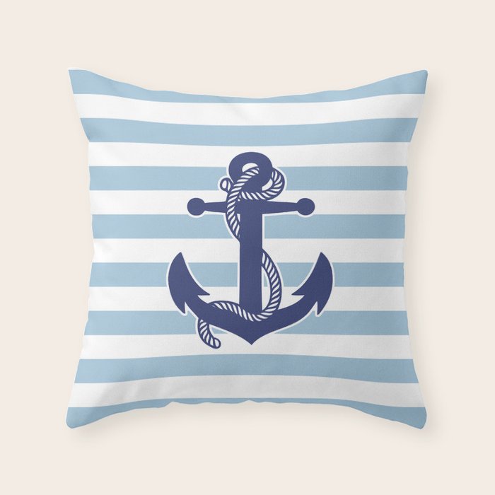 Retro Navy Anchor and Stripes Pattern 226 Blue Throw Pillow Gallery Image 6