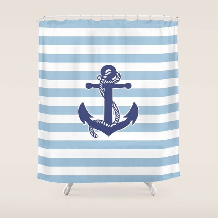Retro Navy Anchor and Stripes Pattern 226 Blue Shower Curtain Gallery Image 1