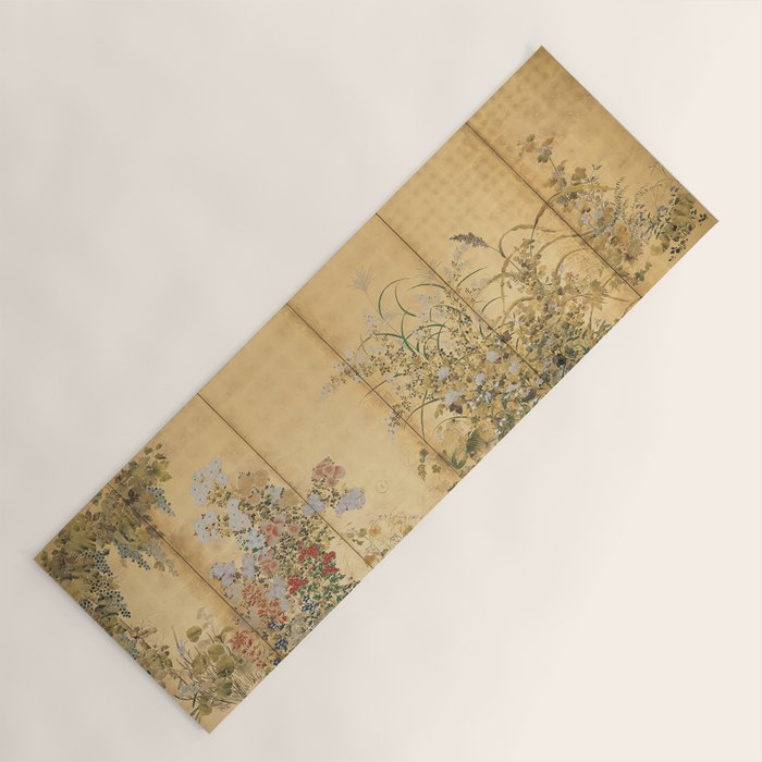 Japanese Edo Period Six-Panel Gold Leaf Screen - Spring and Autumn Flowers Yoga Mat Gallery Image 1