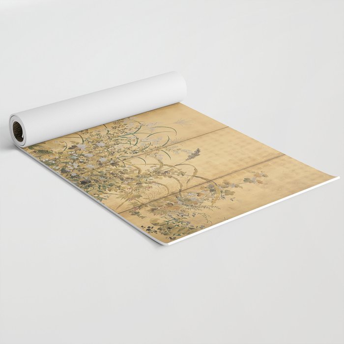 Japanese Edo Period Six-Panel Gold Leaf Screen - Spring and Autumn Flowers Yoga Mat Gallery Image 2