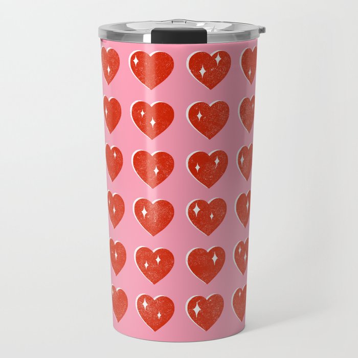 Love Hearts - red on pink Travel Mug Gallery Image 1
