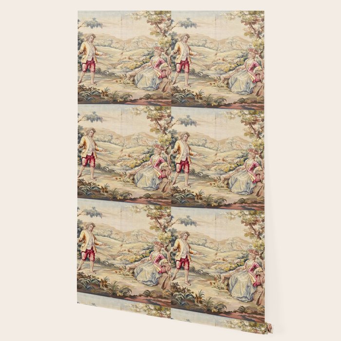 Antique 19th Century French Aubusson Tapestry Romantic Hunting Scene Wallpaper Gallery Image 2