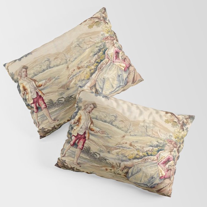 Antique 19th Century French Aubusson Tapestry Romantic Hunting Scene Pillow Sham Gallery Image 1