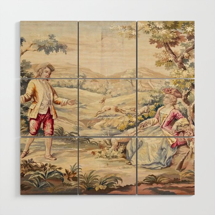 Antique 19th Century French Aubusson Tapestry Romantic Hunting Scene Wood Wall Art Gallery Image 1