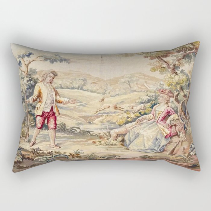 Antique 19th Century French Aubusson Tapestry Romantic Hunting Scene Rectangular Pillow Gallery Image 2