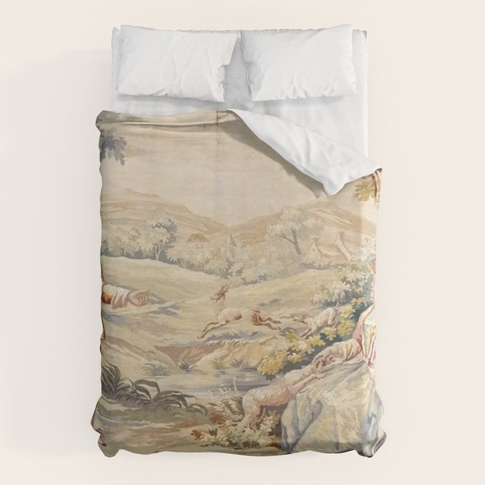 Antique 19th Century French Aubusson Tapestry Romantic Hunting Scene Duvet Cover Gallery Image 6