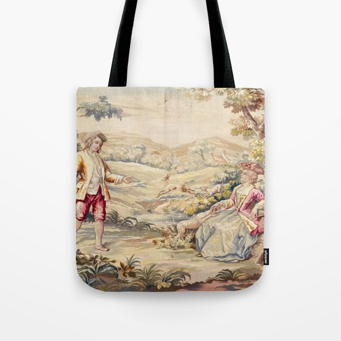Antique 19th Century French Aubusson Tapestry Romantic Hunting Scene Tote Bag Gallery Image 1