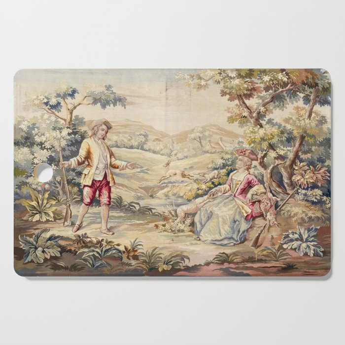 Antique 19th Century French Aubusson Tapestry Romantic Hunting Scene Cutting Board Gallery Image 1