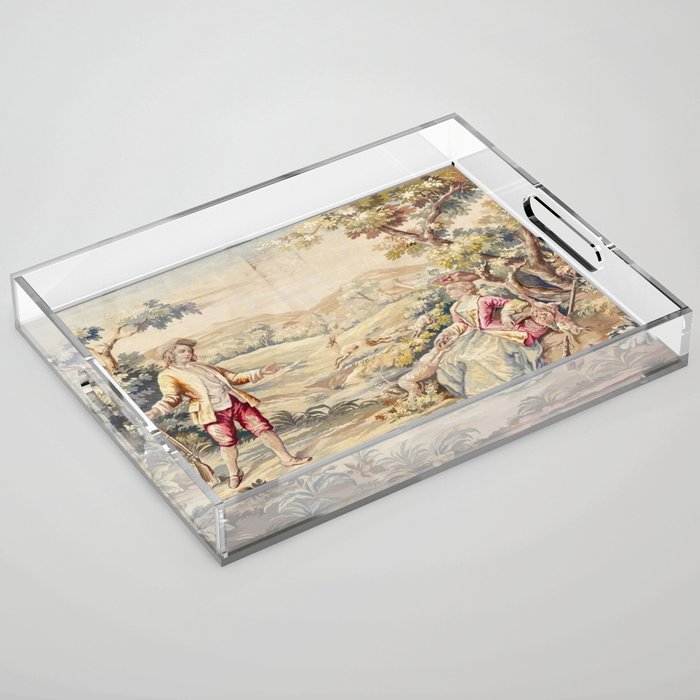 Antique 19th Century French Aubusson Tapestry Romantic Hunting Scene Acrylic Tray Gallery Image 1