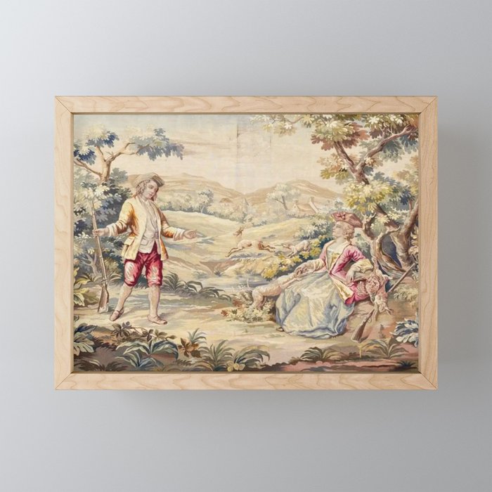 Antique 19th Century French Aubusson Tapestry Romantic Hunting Scene Mini Art Print Gallery Image 1