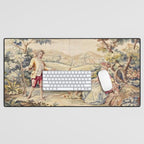 Antique 19th Century French Aubusson Tapestry Romantic Hunting Scene Desk Mat Gallery Image 1