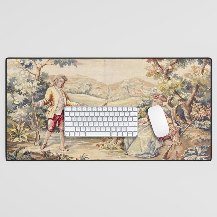 Antique 19th Century French Aubusson Tapestry Romantic Hunting Scene Desk Mat Gallery Image 1
