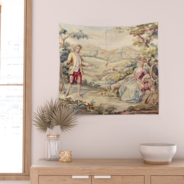 Antique 19th Century French Aubusson Tapestry Romantic Hunting Scene Wall Tapestry Gallery Image 2