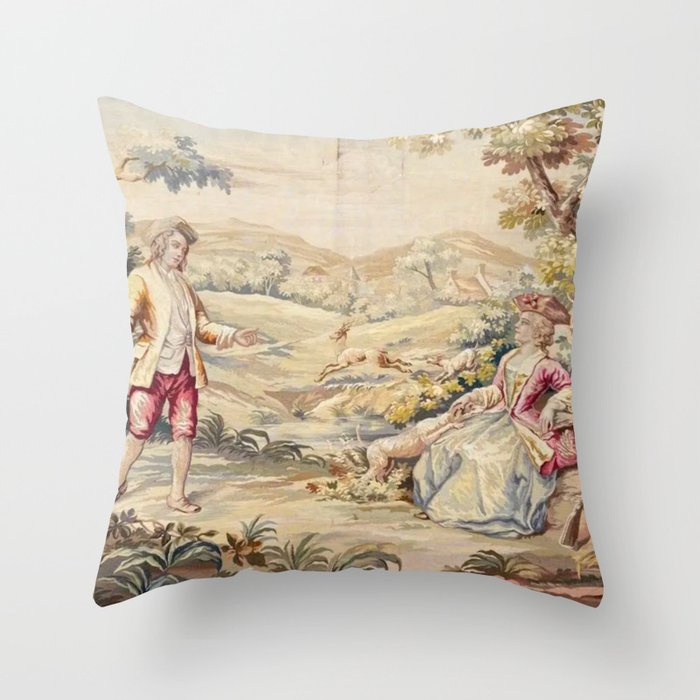 Antique 19th Century French Aubusson Tapestry Romantic Hunting Scene Throw Pillow Gallery Image 1