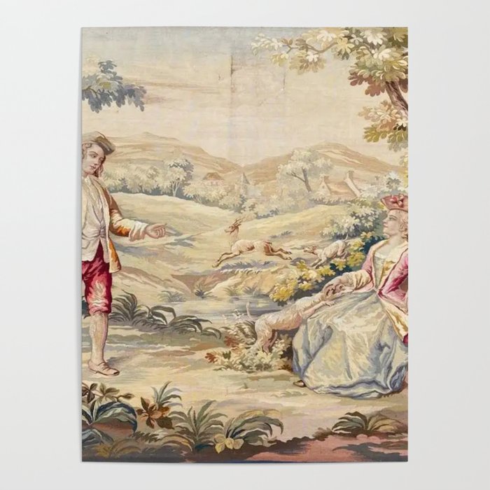 Antique 19th Century French Aubusson Tapestry Romantic Hunting Scene Poster Gallery Image 4